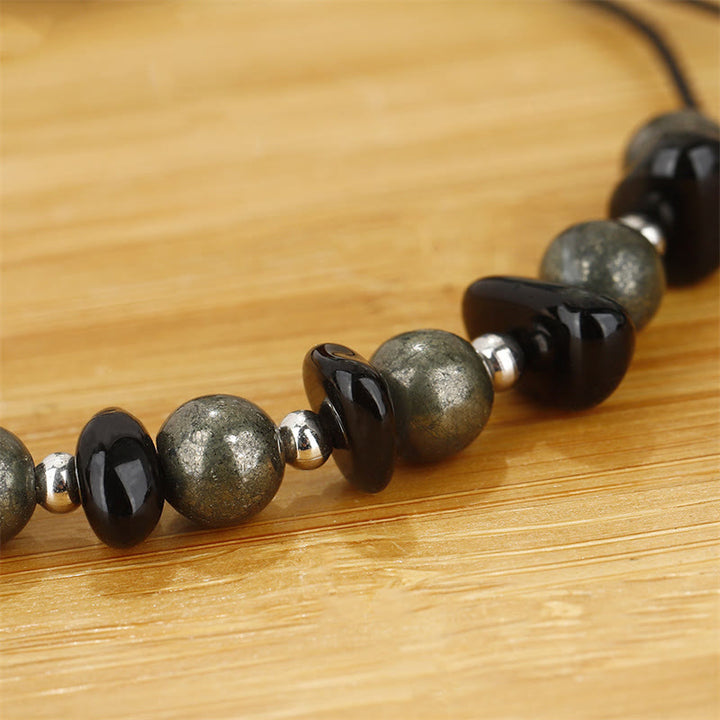 Pulsera de Obsidiana Negra con Pirita de Hierro y Buddha Stones "Estoy Protegido"