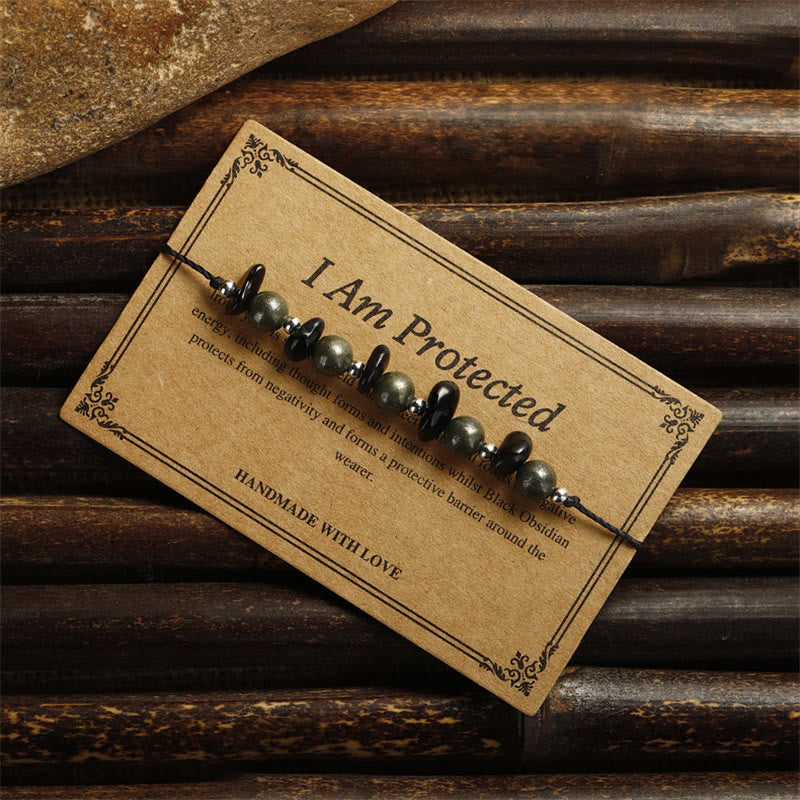 Pulsera de Obsidiana Negra con Pirita de Hierro y Buddha Stones "Estoy Protegido"