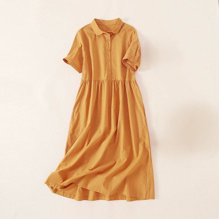 Vestido midi de lino y algodón de manga corta con diseño de botones de verano y bolsillos de Buddha Stones