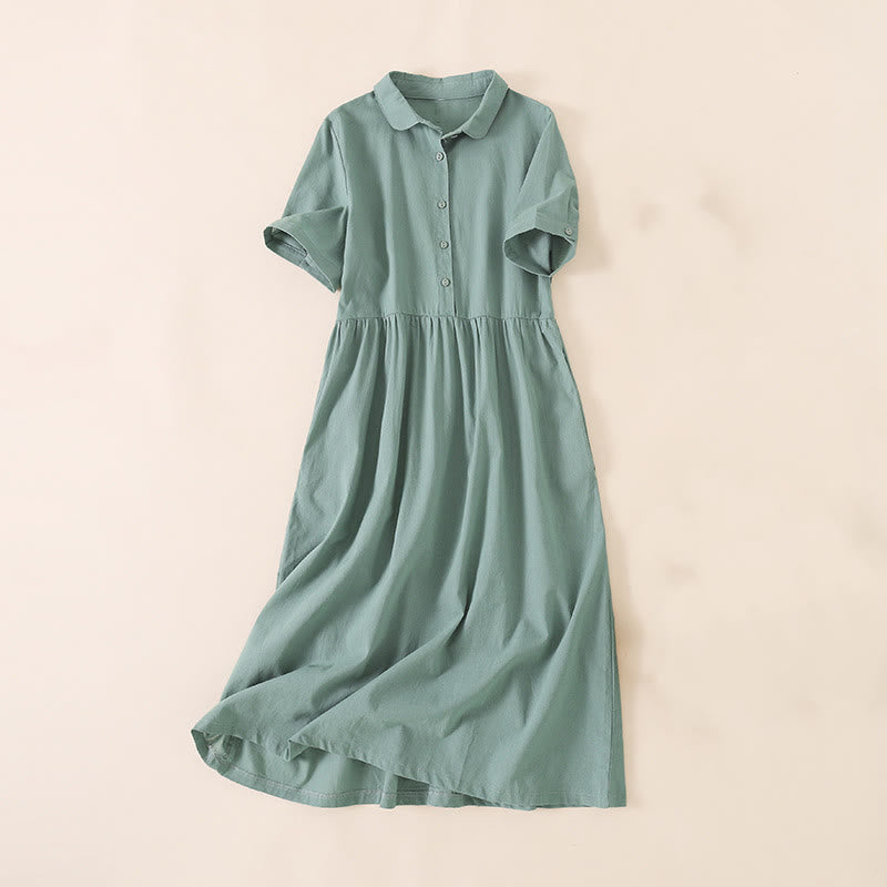 Vestido midi de lino y algodón de manga corta con diseño de botones de verano y bolsillos de Buddha Stones