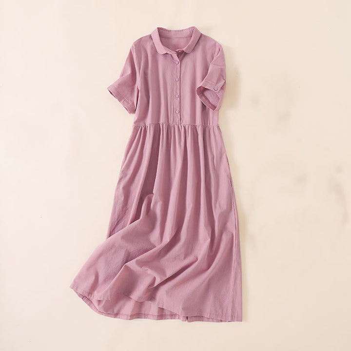Vestido midi de lino y algodón de manga corta con diseño de botones de verano y bolsillos de Buddha Stones