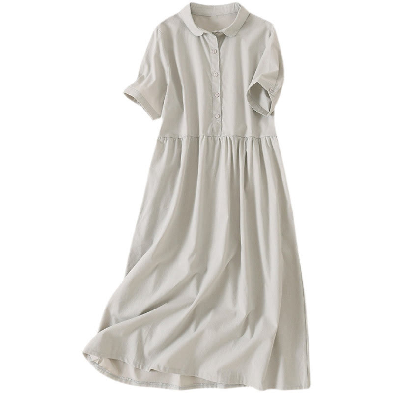 Vestido midi de lino y algodón de manga corta con diseño de botones de verano y bolsillos de Buddha Stones