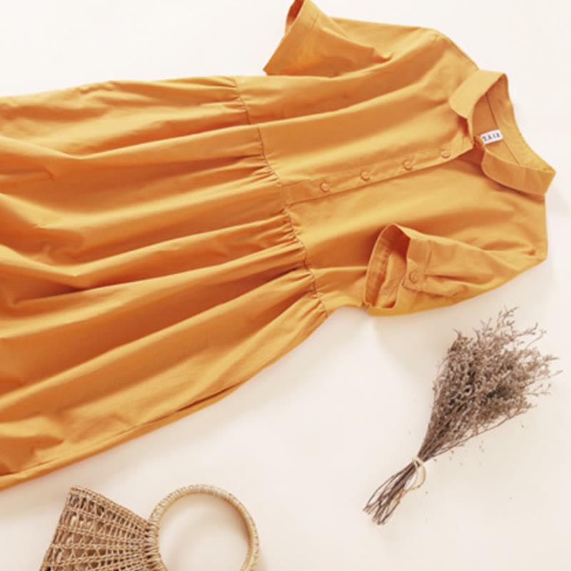 Vestido midi de lino y algodón de manga corta con diseño de botones de verano y bolsillos de Buddha Stones