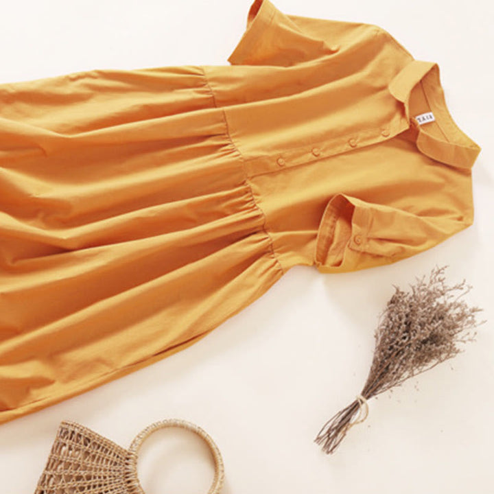 Vestido midi de lino y algodón de manga corta con diseño de botones de verano y bolsillos de Buddha Stones