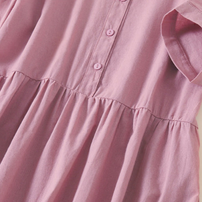 Vestido midi de lino y algodón de manga corta con diseño de botones de verano y bolsillos de Buddha Stones