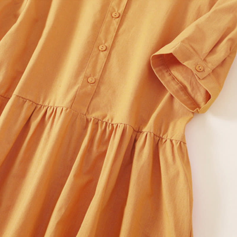 Vestido midi de lino y algodón de manga corta con diseño de botones de verano y bolsillos de Buddha Stones