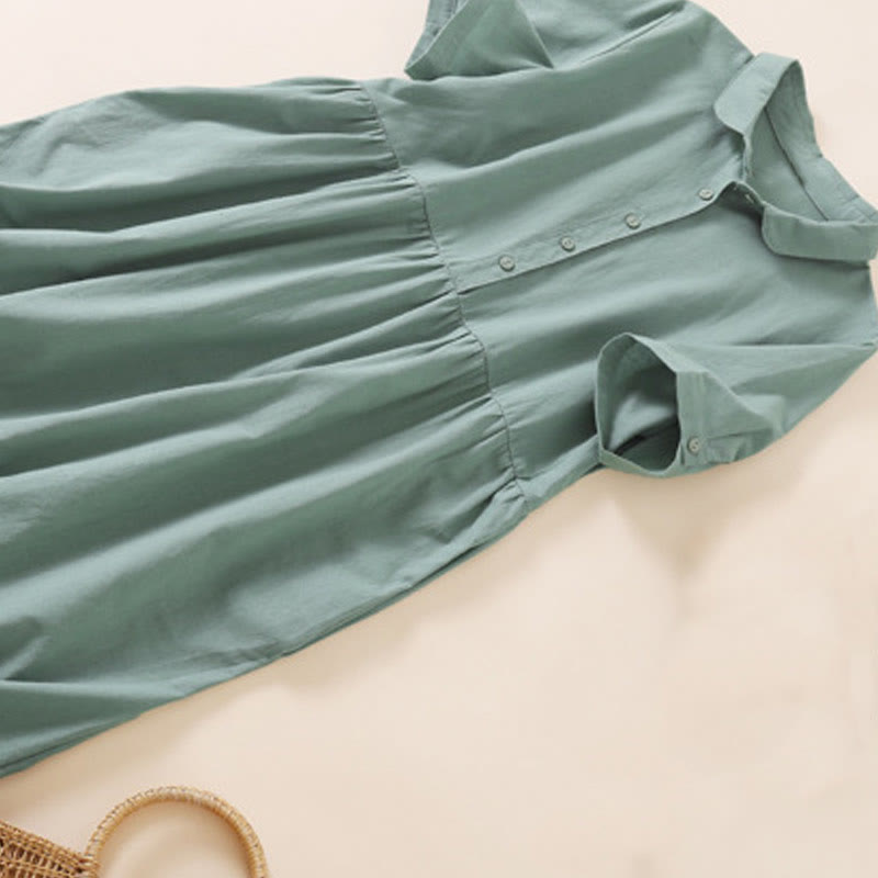Vestido midi de lino y algodón de manga corta con diseño de botones de verano y bolsillos de Buddha Stones