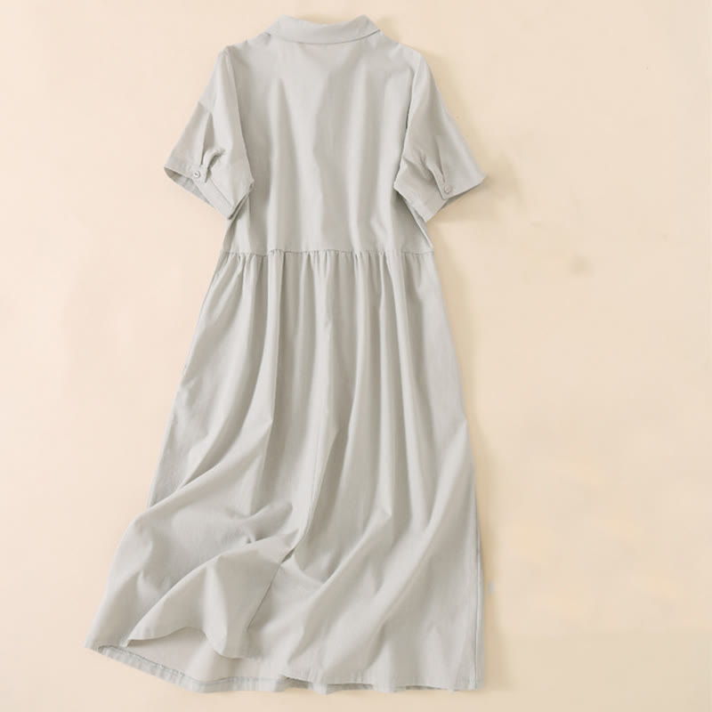 Vestido midi de lino y algodón de manga corta con diseño de botones de verano y bolsillos de Buddha Stones