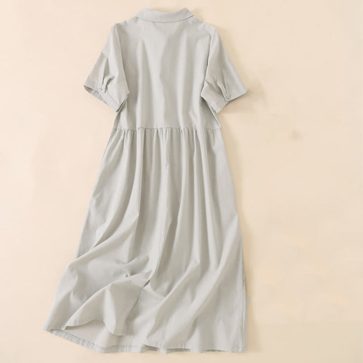 Vestido midi de lino y algodón de manga corta con diseño de botones de verano y bolsillos de Buddha Stones