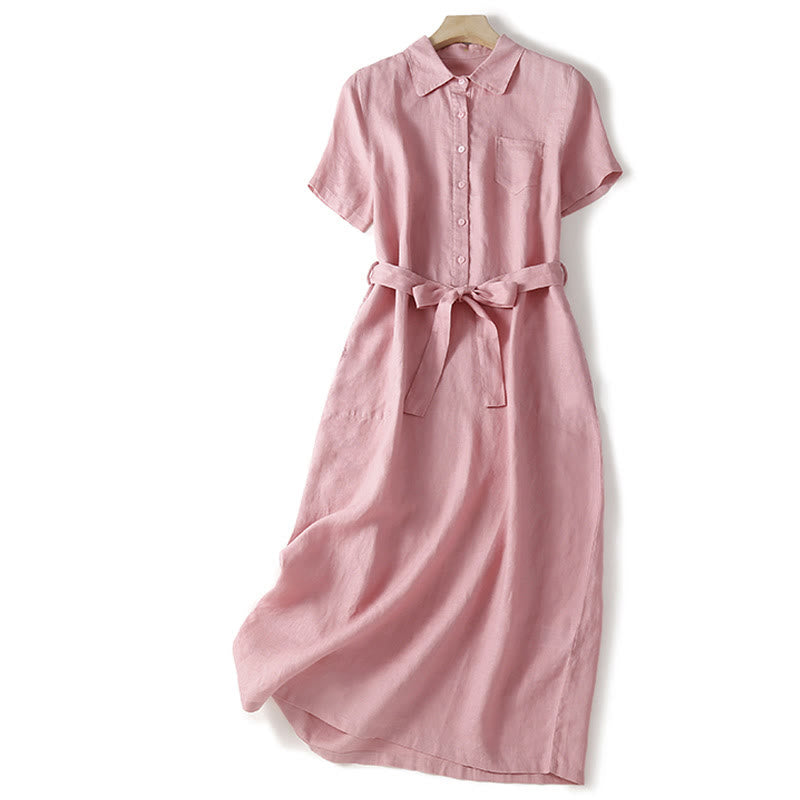Vestido midi de algodón de manga corta, liso, con cordones y bolsillos , de Buddha Stones Summer