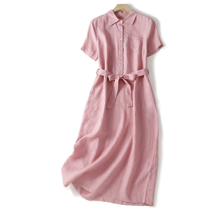 Vestido midi de algodón de manga corta, liso, con cordones y bolsillos , de Buddha Stones Summer