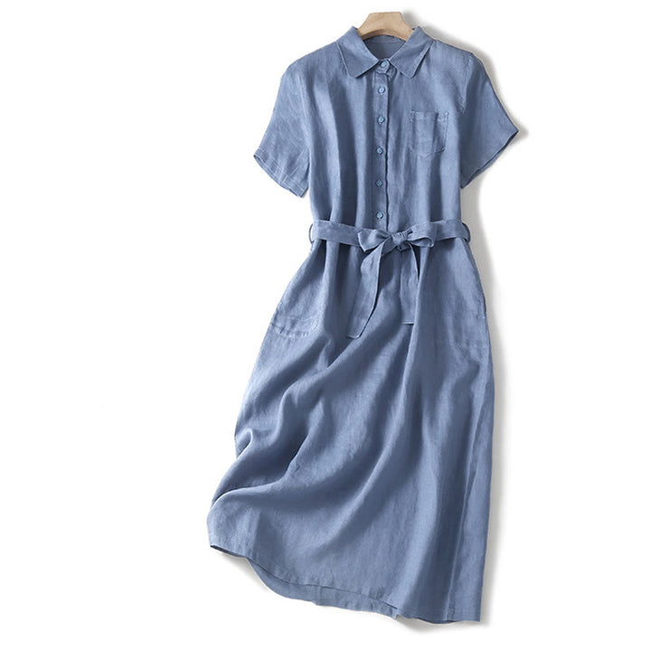 Vestido midi de algodón de manga corta, liso, con cordones y bolsillos , de Buddha Stones Summer