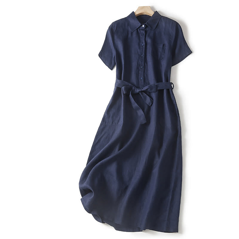 Vestido midi de algodón de manga corta, liso, con cordones y bolsillos , de Buddha Stones Summer
