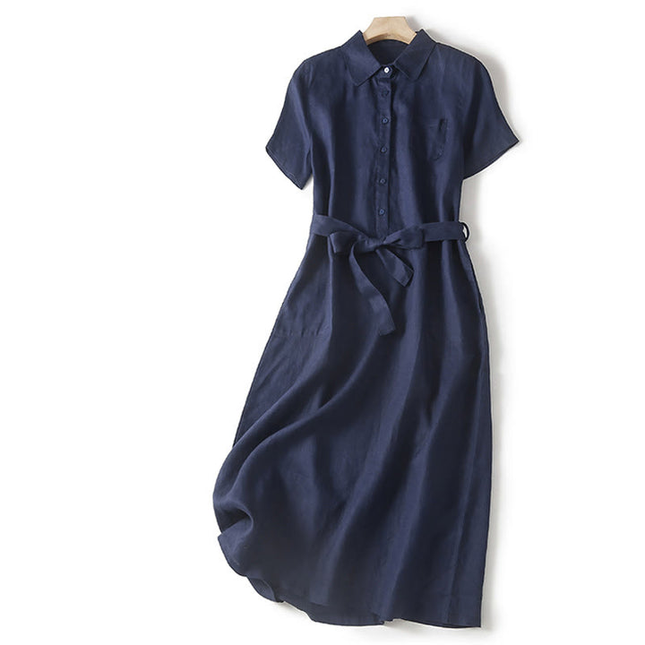 Vestido midi de algodón de manga corta, liso, con cordones y bolsillos , de Buddha Stones Summer