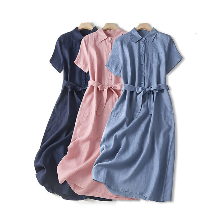 Vestido midi de algodón de manga corta, liso, con cordones y bolsillos , de Buddha Stones Summer