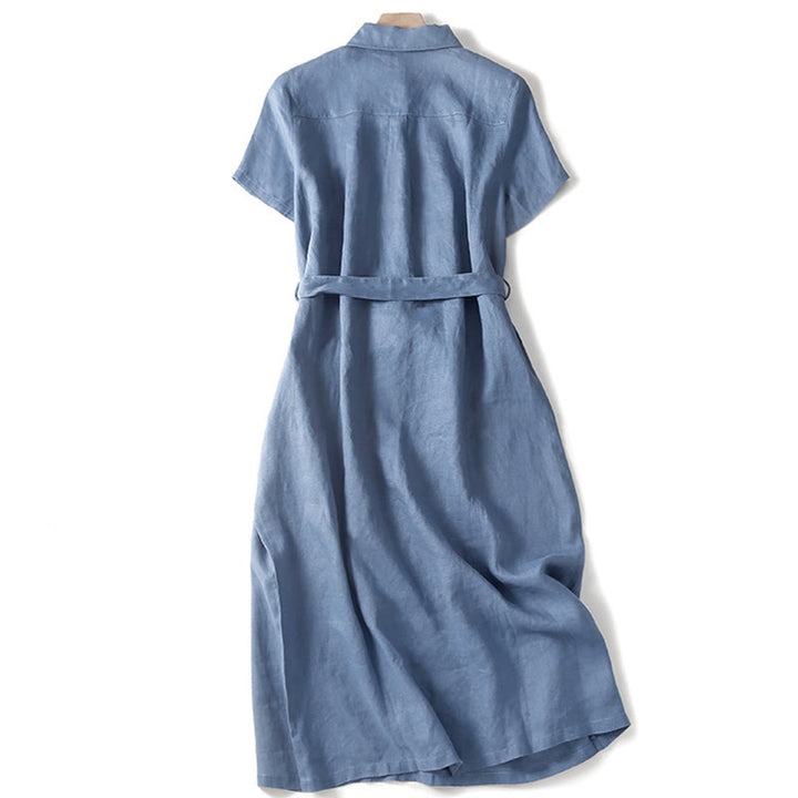 Vestido midi de algodón de manga corta, liso, con cordones y bolsillos , de Buddha Stones Summer