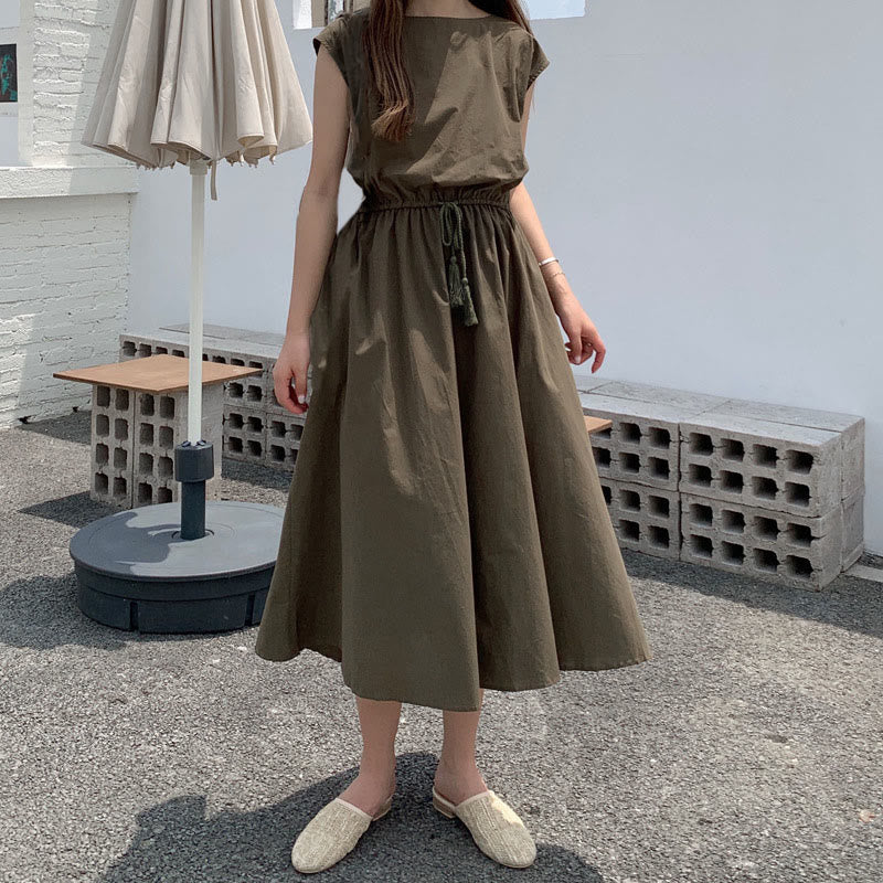 Vestido midi informal de lino y algodón con mangas cortas y diseño de cintura oriental con cordón ajustable y Buddha Stones