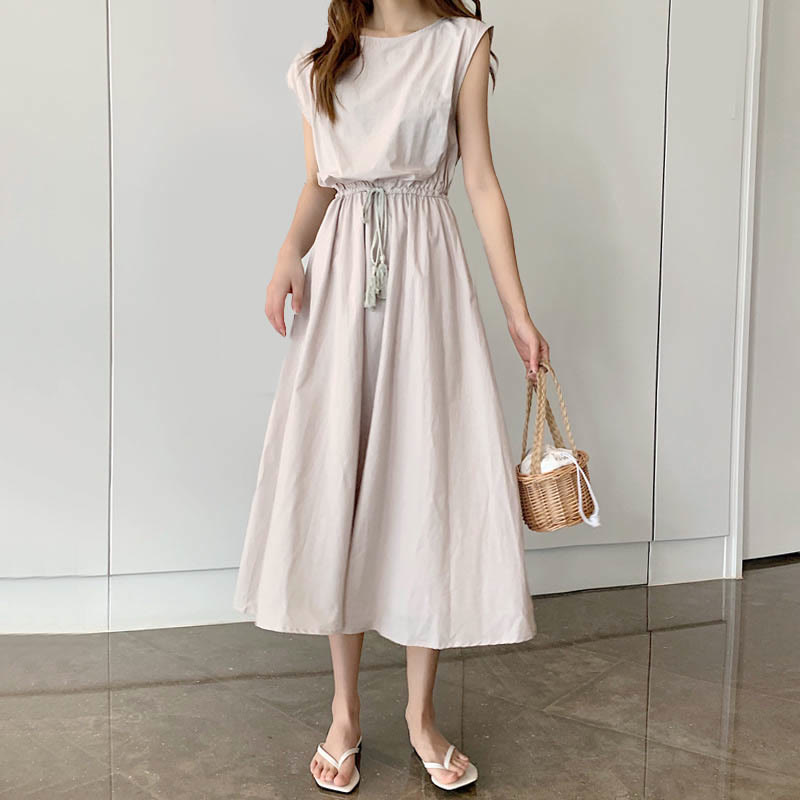 Vestido midi informal de lino y algodón con mangas cortas y diseño de cintura oriental con cordón ajustable y Buddha Stones