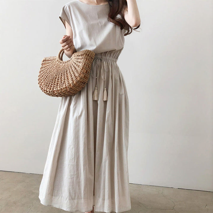 Vestido midi informal de lino y algodón con mangas cortas y diseño de cintura oriental con cordón ajustable y Buddha Stones