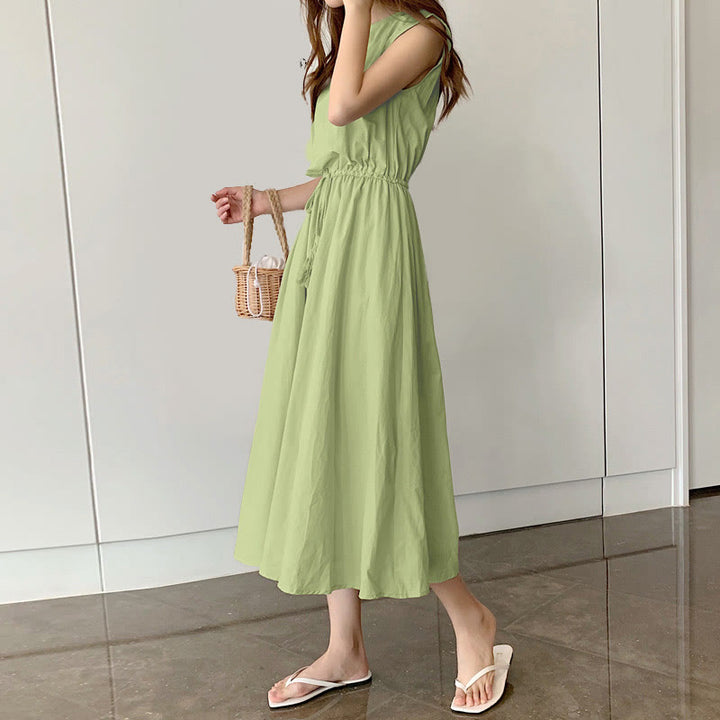 Vestido midi informal de lino y algodón con mangas cortas y diseño de cintura oriental con cordón ajustable y Buddha Stones