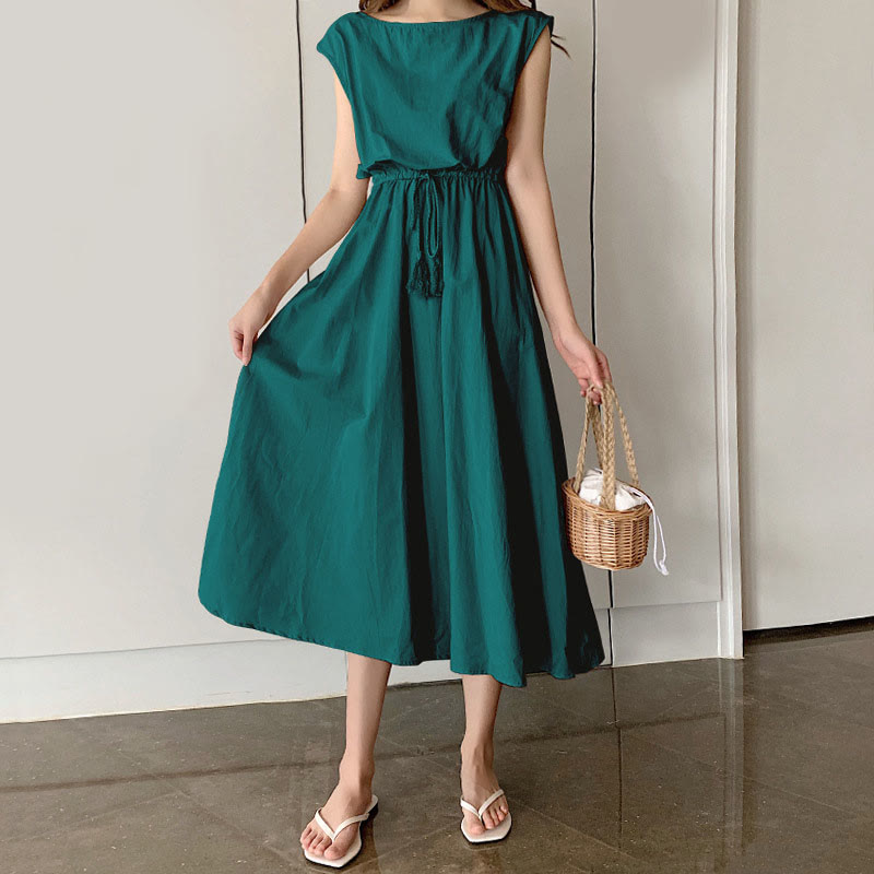 Vestido midi informal de lino y algodón con mangas cortas y diseño de cintura oriental con cordón ajustable y Buddha Stones