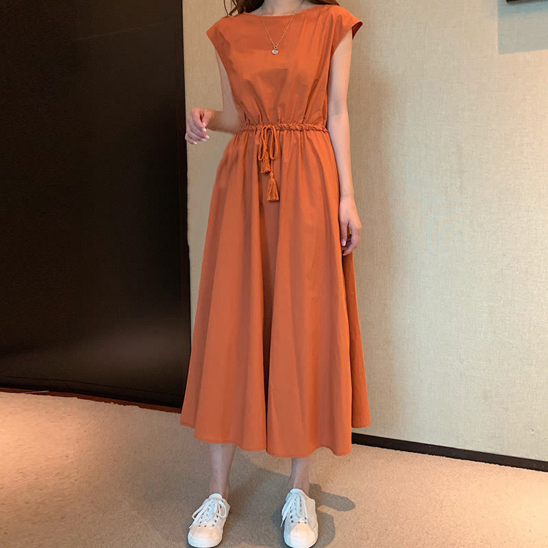 Vestido midi informal de lino y algodón con mangas cortas y diseño de cintura oriental con cordón ajustable y Buddha Stones