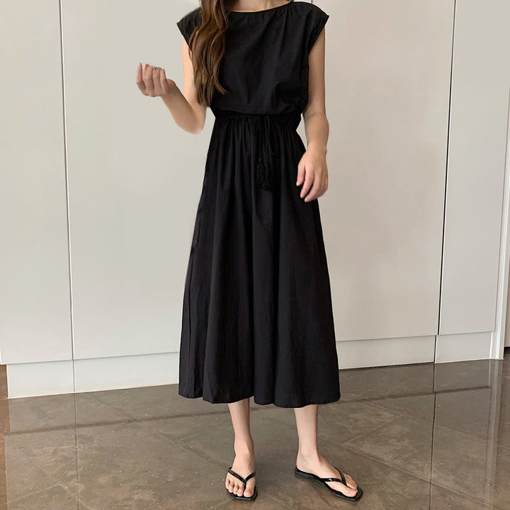Vestido midi informal de lino y algodón con mangas cortas y diseño de cintura oriental con cordón ajustable y Buddha Stones
