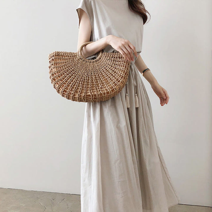 Vestido midi informal de lino y algodón con mangas cortas y diseño de cintura oriental con cordón ajustable y Buddha Stones