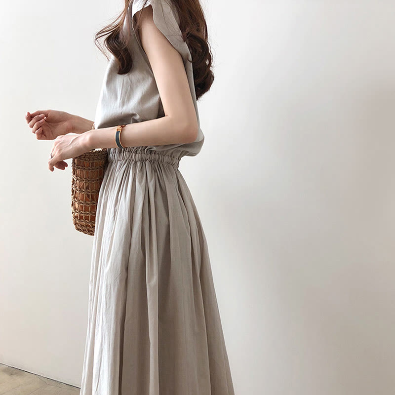Vestido midi informal de lino y algodón con mangas cortas y diseño de cintura oriental con cordón ajustable y Buddha Stones