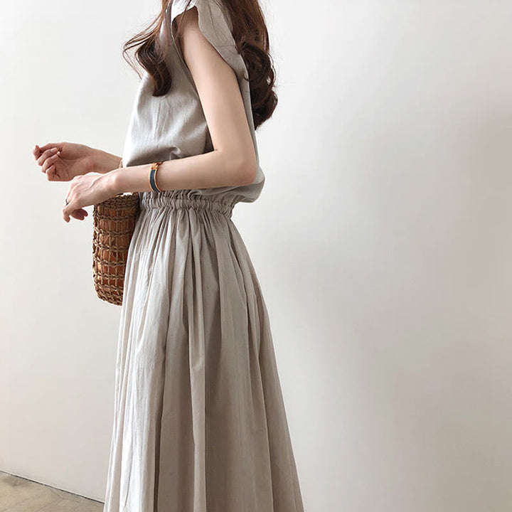 Vestido midi informal de lino y algodón con mangas cortas y diseño de cintura oriental con cordón ajustable y Buddha Stones