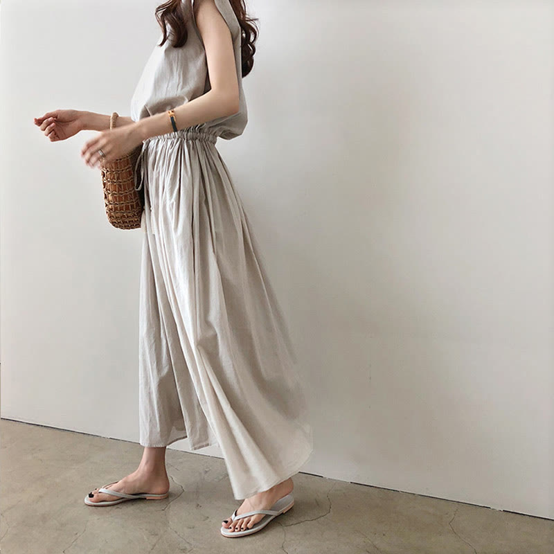 Vestido midi informal de lino y algodón con mangas cortas y diseño de cintura oriental con cordón ajustable y Buddha Stones