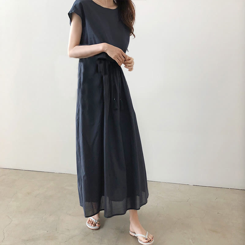 Vestido midi informal de manga corta con diseño de cordón ajustable en la cintura y estampado de Buddha Stones. - image 17