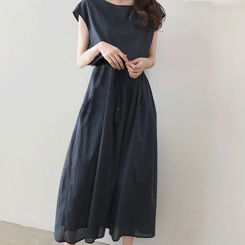 Vestido midi informal de manga corta con diseño de cordón ajustable en la cintura y estampado de Buddha Stones. - image 15