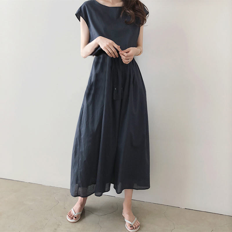 Vestido midi informal de manga corta con diseño de cordón ajustable en la cintura y estampado de Buddha Stones. - image 19