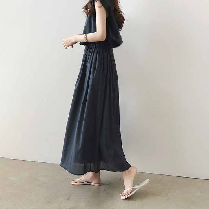 Vestido midi informal de manga corta con diseño de cordón ajustable en la cintura y estampado de Buddha Stones. - image 18