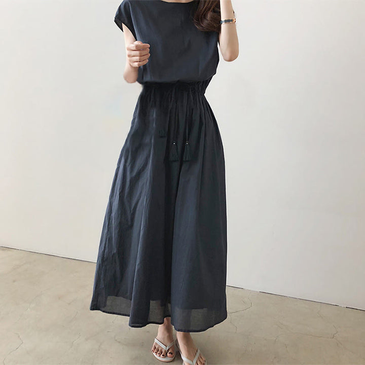 Vestido midi informal de lino y algodón con mangas cortas y diseño de cintura oriental con cordón ajustable y Buddha Stones