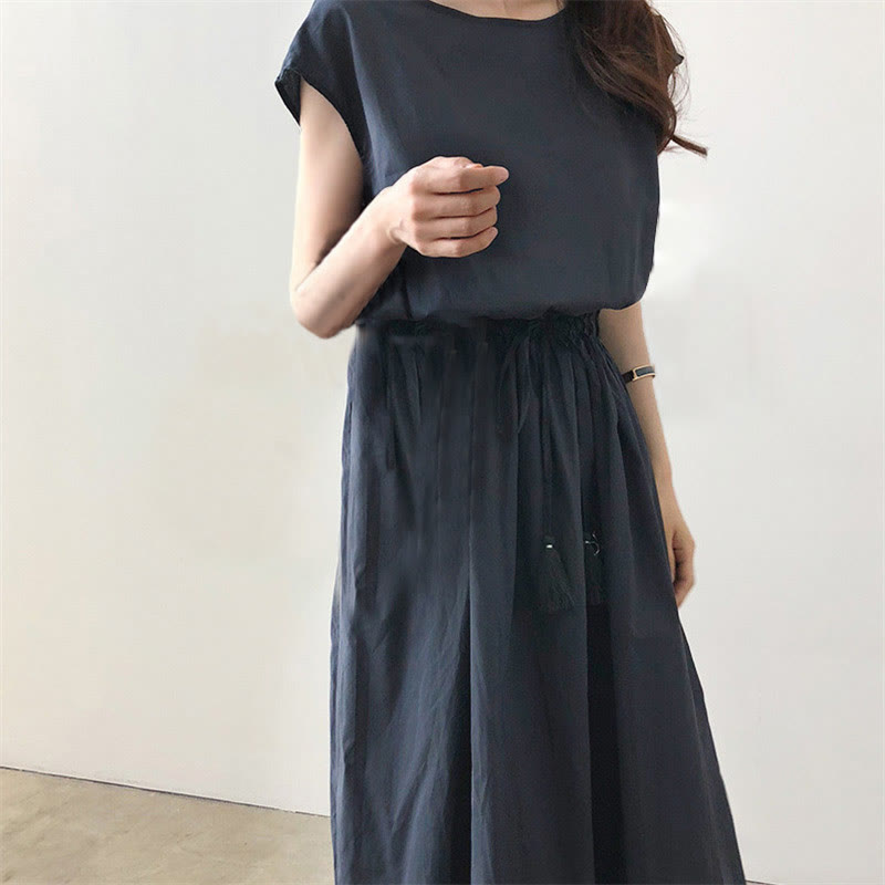 Vestido midi informal de lino y algodón con mangas cortas y diseño de cintura oriental con cordón ajustable y Buddha Stones