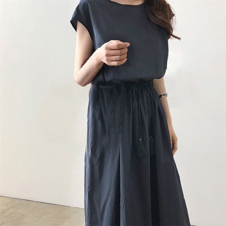 Vestido midi informal de lino y algodón con mangas cortas y diseño de cintura oriental con cordón ajustable y Buddha Stones