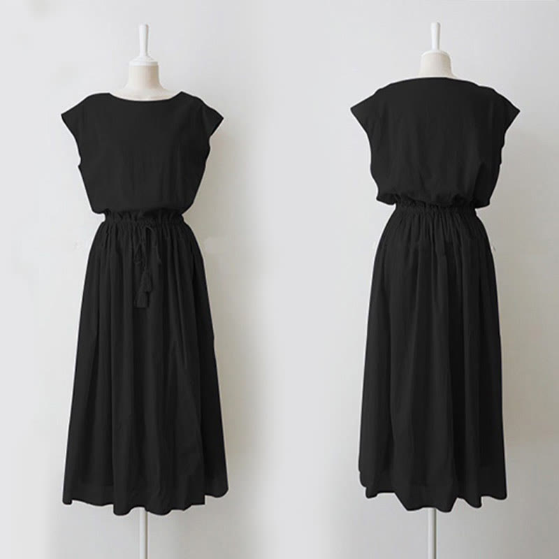Vestido midi informal de manga corta con diseño de cordón ajustable en la cintura y estampado de Buddha Stones. - image 12