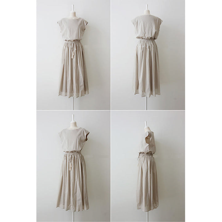 Vestido midi informal de lino y algodón con mangas cortas y diseño de cintura oriental con cordón ajustable y Buddha Stones