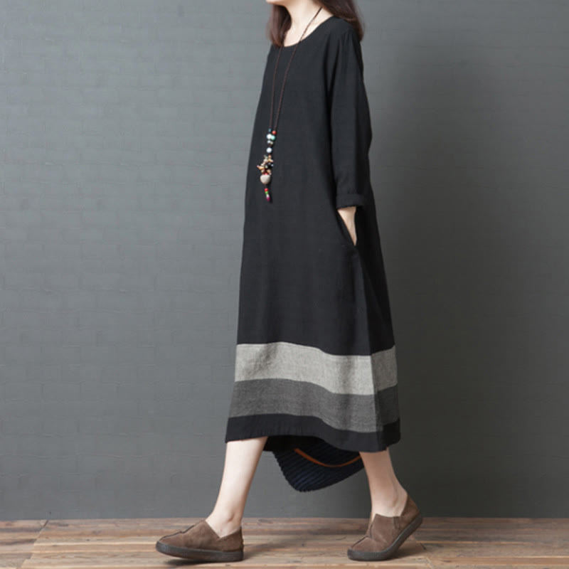 Vestido midi informal de lino y algodón de manga larga con rayas y bolsillos de Buddha Stones - image 14