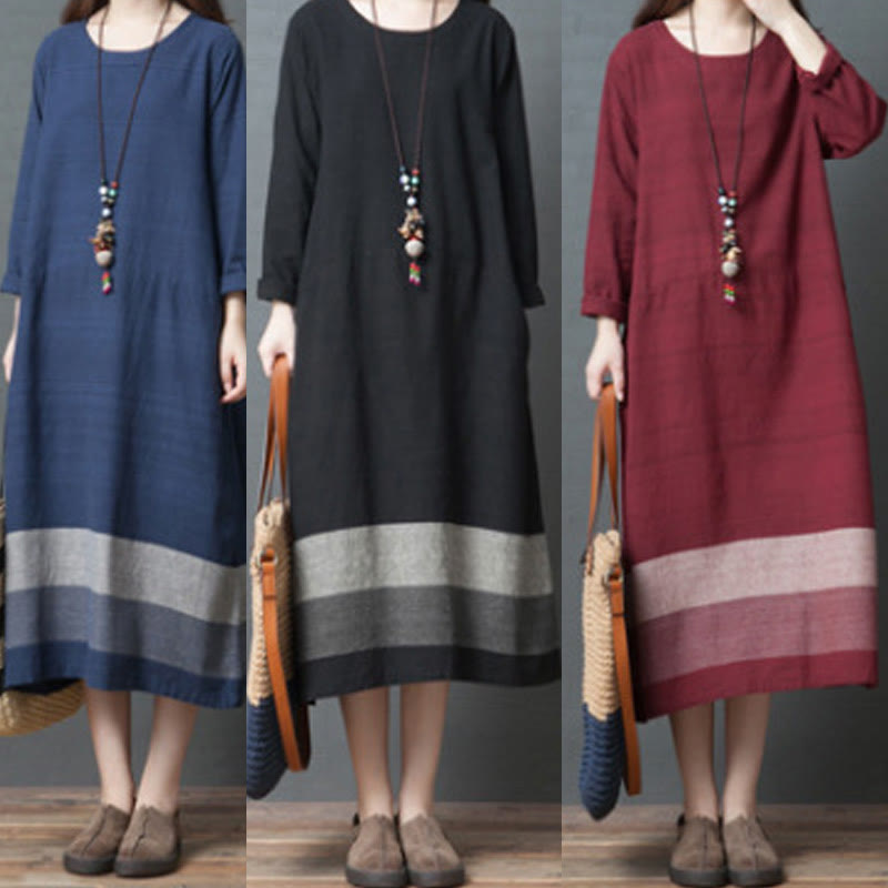 Vestido midi informal de lino y algodón de manga larga con rayas y bolsillos de Buddha Stones - image 16