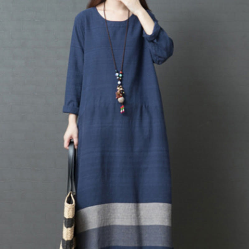 Vestido midi informal de lino y algodón de manga larga con rayas y bolsillos de Buddha Stones - image 8