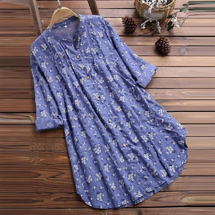 Camisa de algodón de manga larga para mujer con botones florales y Buddha Stones - Azul aciano - US8-10，UK/AU12-14，EU40-42 (2XL) - image 3