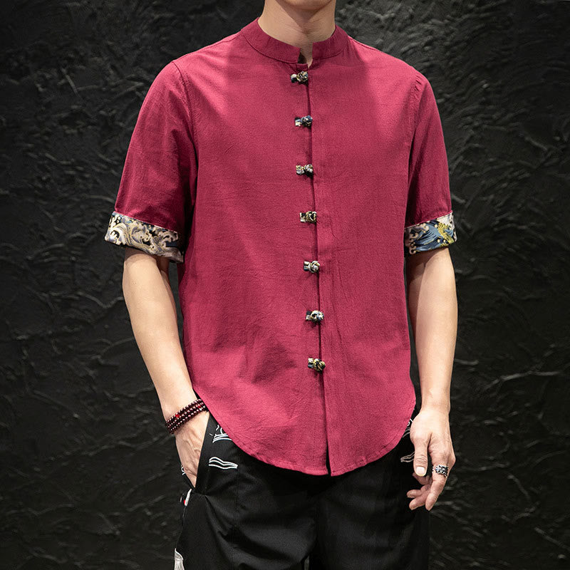 Camisa de media manga con diseño de dragón y bloques de color con botones de rana de Buddha Stones para hombre