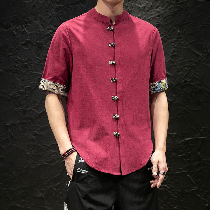 Camisa de media manga con diseño de dragón y bloques de color con botones de rana de Buddha Stones para hombre