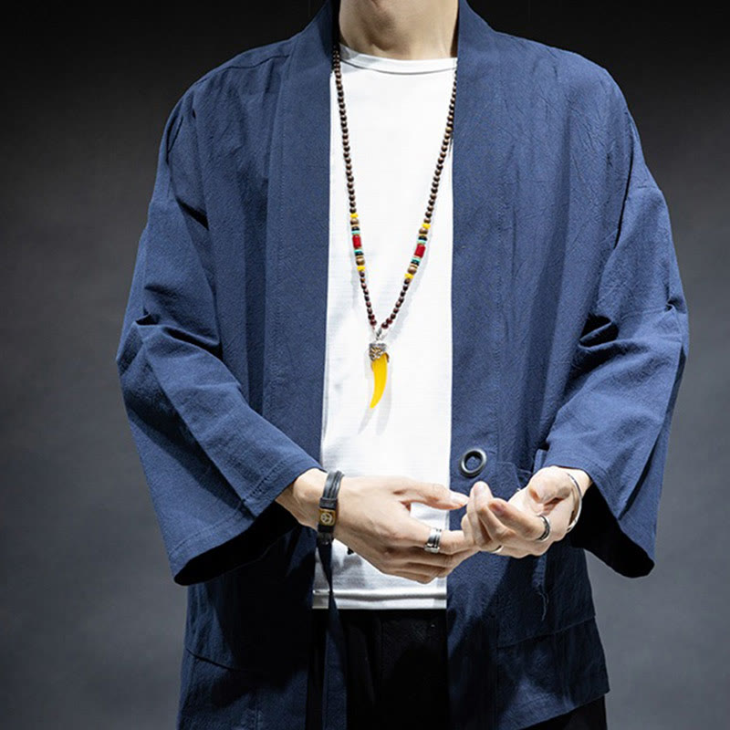 Chaqueta tipo kimono de algodón para hombre con diseño de Buddha Stones, color liso, con cordones y abertura frontal - image 1