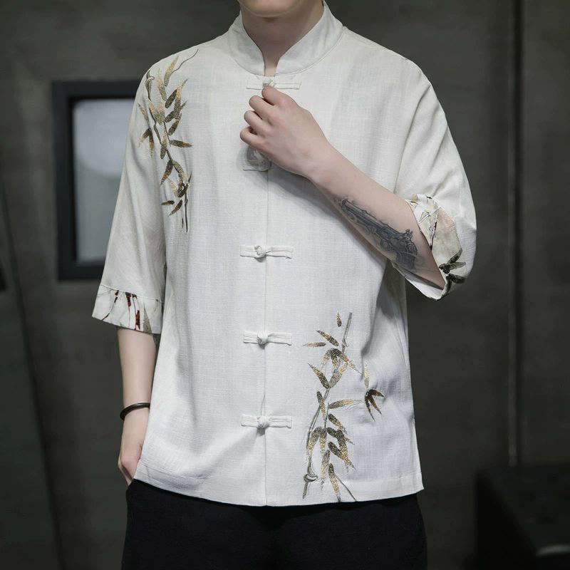 Camisa de lino y bambú de manga corta con botones de rana para hombre de Buddha Stones - image 1