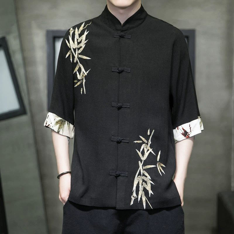 Camisa de lino y bambú de manga corta con botones de rana para hombre de Buddha Stones - Negro - US/UK/AU42, EU52 (3XL) - image 2