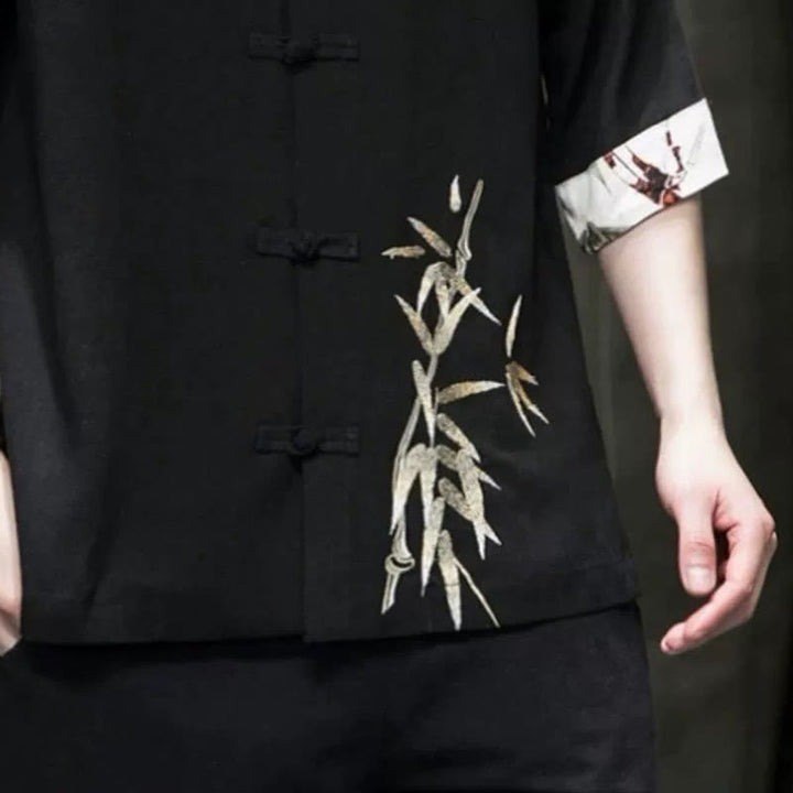 Camisa de lino y bambú de manga corta con botones de rana para hombre de Buddha Stones - image 4